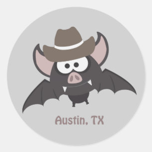 Austin Texas Cute Cartoon Cowboy Bat Ronde Sticker
