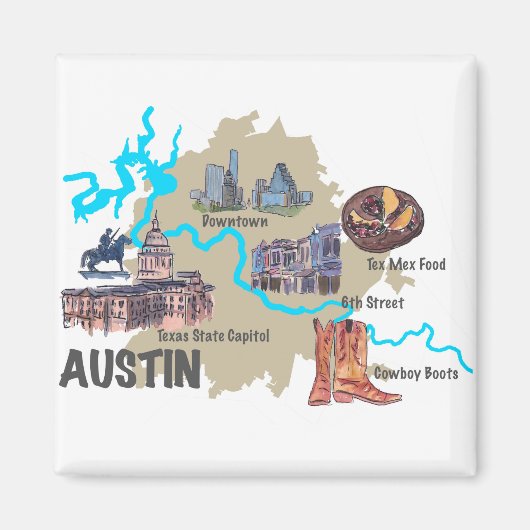 Austin Texas Map Magneet (Voorkant)