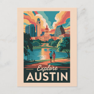 Austin Texas Silhouette Reis Kunst Vintage Briefkaart