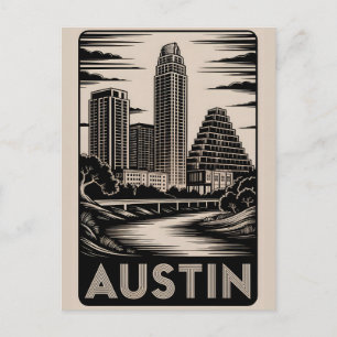 Austin Texas Silhouette Zwart Wit Houtsnede Feestdagenkaart