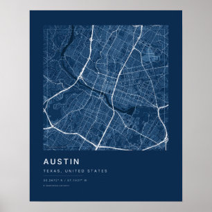 Austin TX Stadkaart Afdruk — Blauwdruk Straatkaart Poster