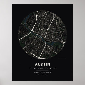 Austin TX Zwarte Stad Kaart Kunstprint Poster