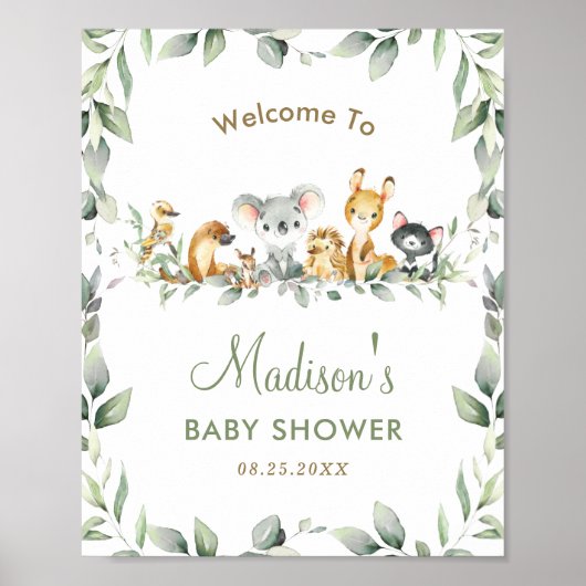 Australian Animals Greenery Baby shower Welkom Poster (Voorkant)