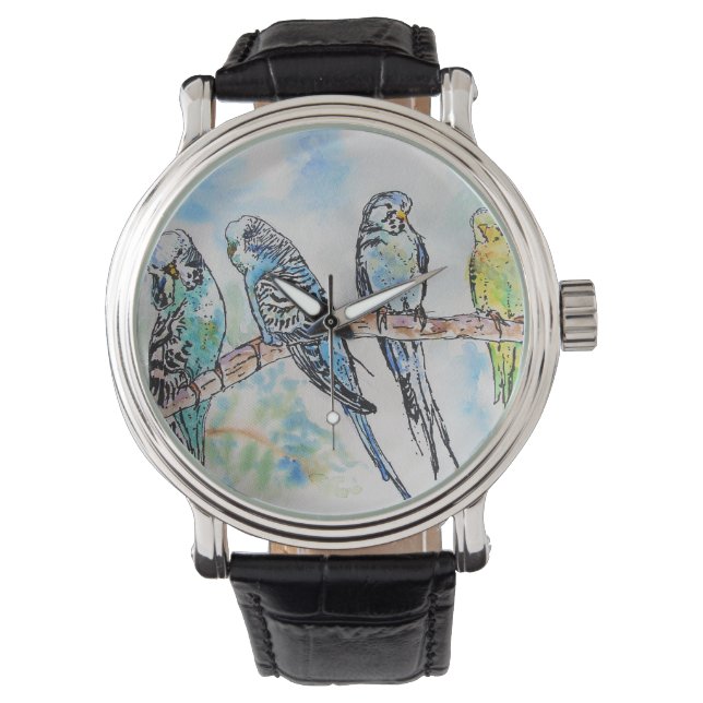 Australian Birds Budgie Waterverf Art Key Ring Horloge (Voorkant)