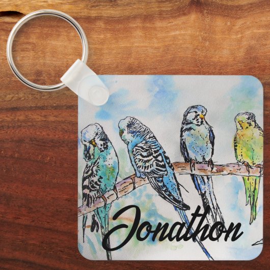 Australian Birds Budgie Waterverf Art Key Ring Sleutelhanger (Voorkant)