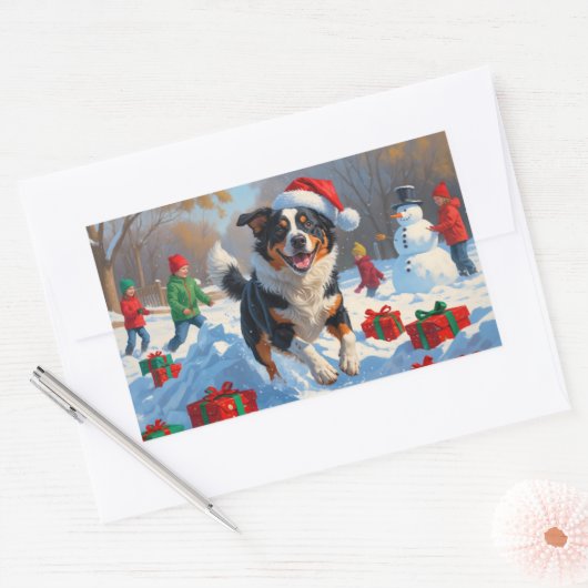 Australian Cattle Christmas Feestelijke Sneeuwscèn Rechthoekige Sticker (Envelop)