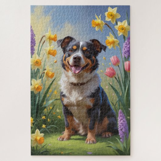 Australian Cattle Dog Spring Bloemen Schilderen Legpuzzel (Verticaal)