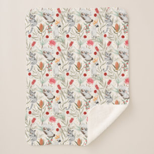 Australian Floral Pattern Koalas Possum Cockatoos Sherpa Deken
