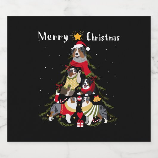 Australian Shepherd Aussie kerstboom Xmas Dog Sparkling Wijnetiket (Enkel label)