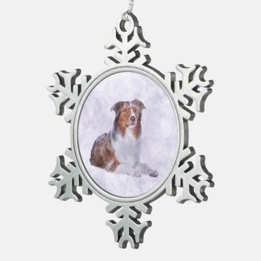 Australian Shepherd - Aussie Waterverf Digital Ar Tin Sneeuwvlok Ornament (Rechts)