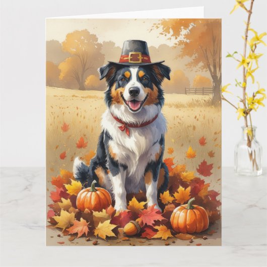 Australian Shepherd Autumn verlaat Thanksgiving Kaart (Gele Bloem)