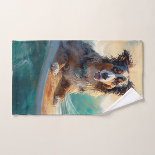 Australian Shepherd Beach Surfing Peinture (Serviette à main)