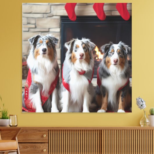 Australian Shepherd bij de open haard Kerstmis Canvas Afdruk (Insitu (Woonkamer))