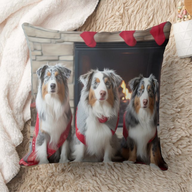 Australian Shepherd bij de open haard Kerstmis Kussen (Deken)