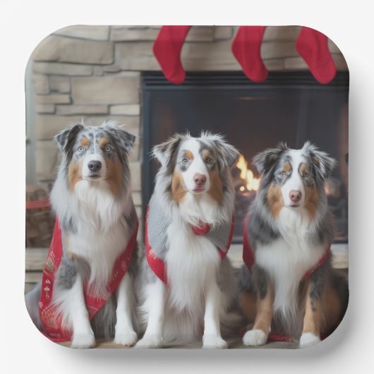 Australian Shepherd bij de open haard Kerstmis Papieren Bordje (Voorkant)
