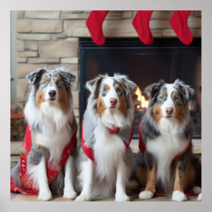 Australian Shepherd bij de open haard Kerstmis Poster