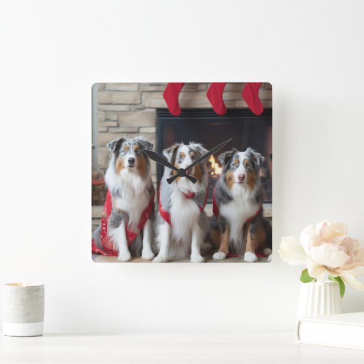 Australian Shepherd bij de open haard Kerstmis Vierkante Klok (Huis)