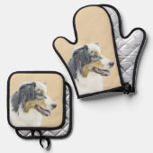 Australian Shepherd Black Tri Schilderen Hond Art Ovenwant & Pannenlap Set (Voorkant / Achterkant)