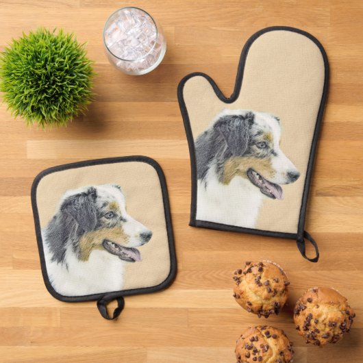 Australian Shepherd Black Tri Schilderen Hond Art Ovenwant & Pannenlap Set (Top down)