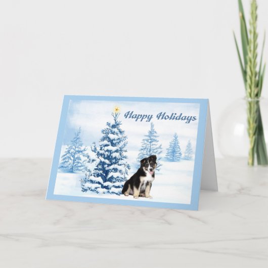 Australian Shepherd Christmas Kaart Blue Tree (Voorkant)