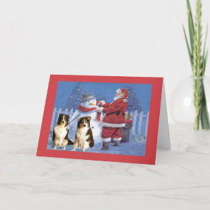 Australian Shepherd Christmas Kaart Santa en Snowm