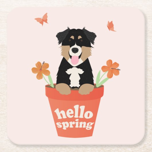 Australian Shepherd Dog in Flower Pot Vierkante Kartonnen Onderzetter (Voorkant)
