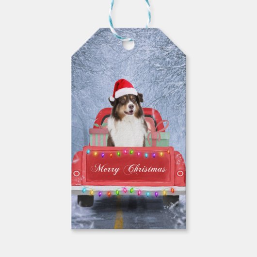 Australian Shepherd Dog in Sneeuwkerst Cadeaulabel (Voorkant)