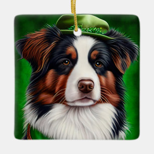 Australian Shepherd dog in St. Patrick's Day Dress Keramisch Ornament