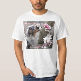 Australian Shepherd Dog Sniffs Magnoia Flower T-shirt