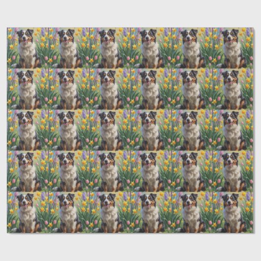 Australian Shepherd Dog Spring Bloemen Schilderen Cadeaupapier (Vlak)