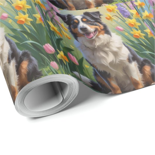 Australian Shepherd Dog Spring Bloemen Schilderen Cadeaupapier (Rol Hoek)