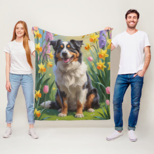 Australian Shepherd Dog Spring Bloemen Schilderen Fleece Deken