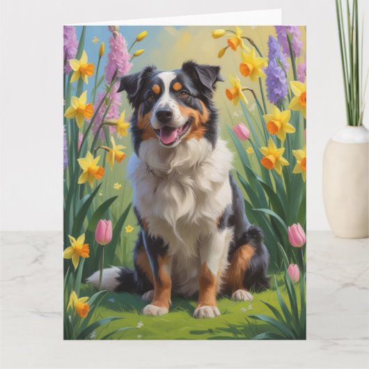 Australian Shepherd Dog Spring Bloemen Schilderen Kaart (Voorkant)