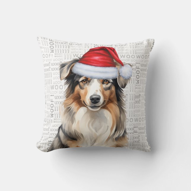 Australian Shepherd Dog Waterverf Kerstmis Kussen (Voorkant)