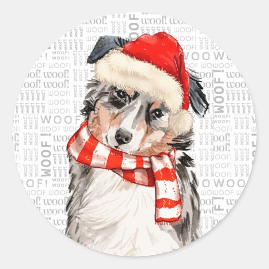 Australian Shepherd Dog Waterverf Santa Ronde Sticker (Voorkant)