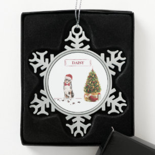 Australian Shepherd Funny kersthond met boom Tin Sneeuwvlok Ornament