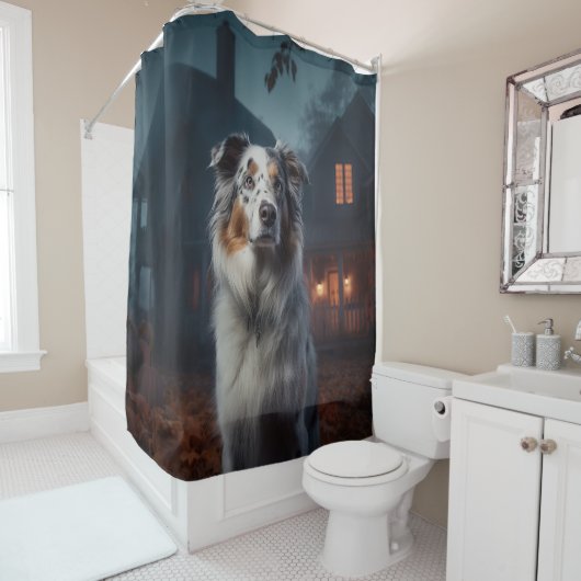 Australian Shepherd Halloween Scary Douchegordijn (In situ)