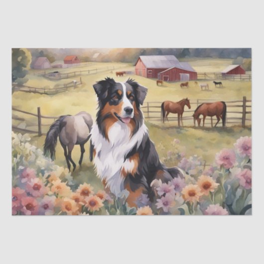 Australian Shepherd in een rustieke omgeving Decou Tissuepapier (Voorkant)