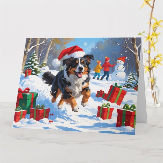 Australian Shepherd Kerstfeest Sneeuwscène Kaart (Gele Bloem)