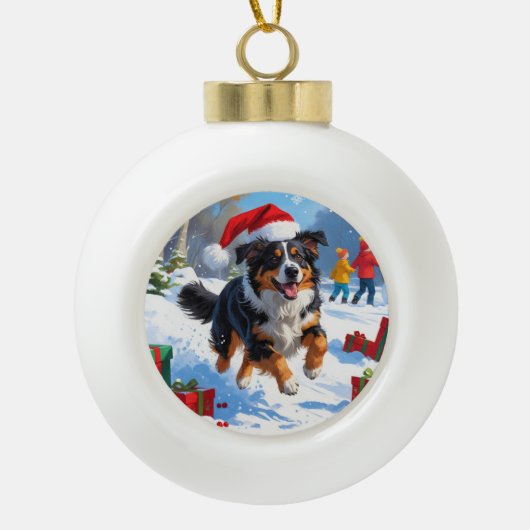 Australian Shepherd Kerstfeest Sneeuwscène Keramische Bal Ornament (Voorkant)