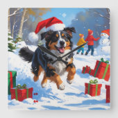 Australian Shepherd Kerstfeest Sneeuwscène Vierkante Klok (Voorkant)