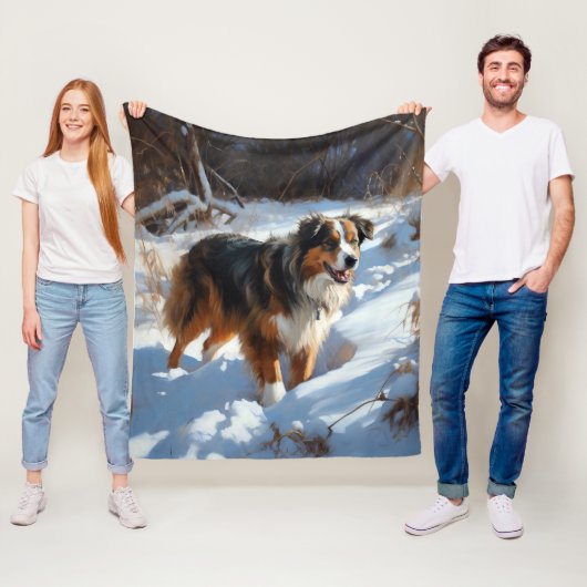 Australian Shepherd Laat Het Sneeuw Kerstmis Fleece Deken (In situ)