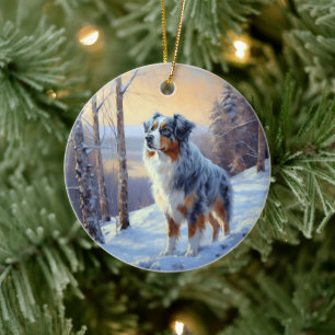 Australian Shepherd Laat Het Sneeuw Kerstmis Keramisch Ornament