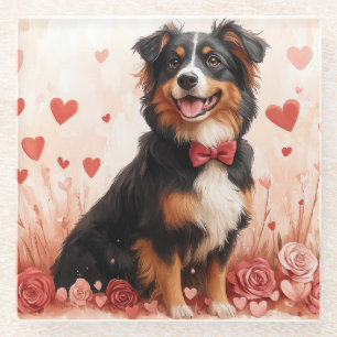 Australian Shepherd met Rozen - Valentijnsdag Glazen Onderzetter