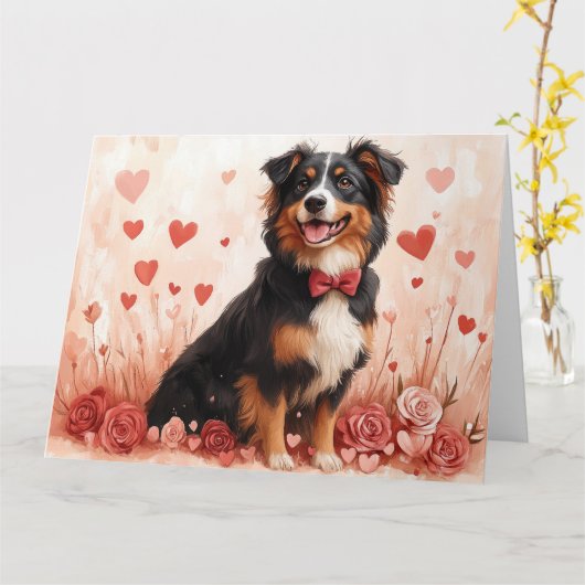 Australian Shepherd met Rozen - Valentijnsdag Kaart (Gele Bloem)