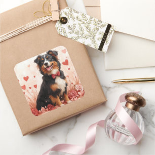 Australian Shepherd met Rozen - Valentijnsdag Vierkante Sticker