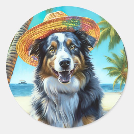 Australian Shepherd On Beach hondenliefhebber zome Ronde Sticker (Voorkant)