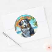 Australian Shepherd On Beach hondenliefhebber zome Ronde Sticker (Envelop)