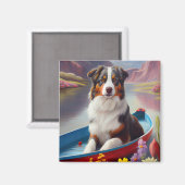 Australian Shepherd op Paddle: Een Schilderachtig  Magneet (Voorkant / Achterkant)