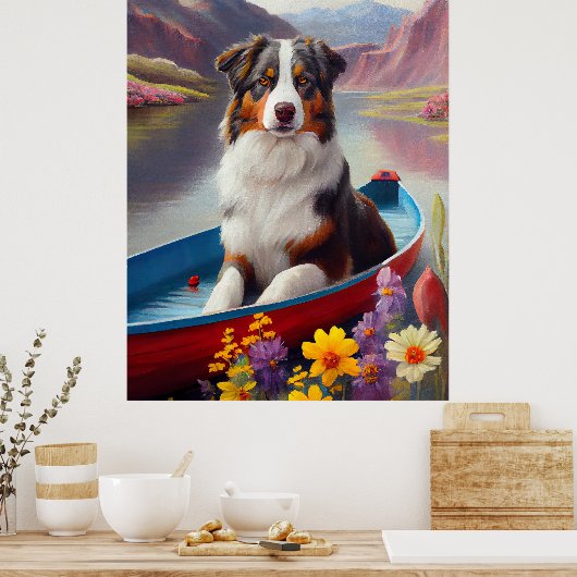 Australian Shepherd op Paddle: Een Schilderachtig Poster (Keuken)